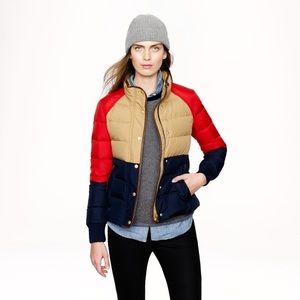 J Crew’s Alpine puffer down jacket in colorblock